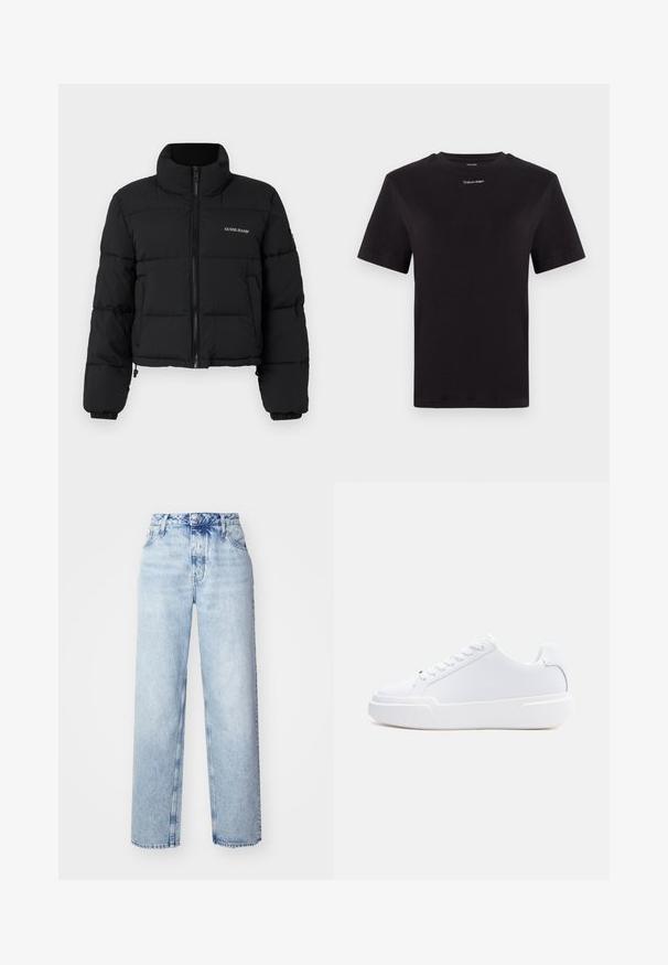 Čierna skrátená puffer bunda s vysokým golierom, zipsom vpredu, prešitými panelmi a vyšitým logom "GUESS JEANS" na ľavej hrudi.; Čierne bavlnené tričko s krátkymi rukávmi, klasickým výstrihom a malým bielym logom "Calvin Klein" na hrudi. Hladká textúra, klasický strih.; Svetlomodré vysooko nasadené džínsy s voľným strihom, priamymi nohavicami, piatimi vreckami a klasickým zapínaním na gombík a zips.; Biely nízky topánok s viazaním na šnúrky, hrubou podrážkou a hladkým zvrškom, zobrazený z vonkajšej strany na jednoduchom svetlom pozadí.