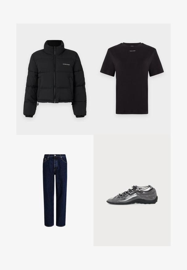 Veste doudoune noire courte avec un col haut, fermeture éclair sur le devant, panneaux cousus, et logo "GUESS JEANS" brodé sur la poitrine gauche.; T-shirt noir en coton à manches courtes, col rond, avec un petit logo blanc "Calvin Klein" sur la poitrine. Texture lisse, coupe classique.; Jeans en denim bleu foncé avec une coupe droite, dotés d'une taille haute, d'un style à cinq poches et de coutures contrastantes. Sans embellissements.; Baskets gris métallisé à profil bas avec semelle noire, système de laçage unique en boucle et design de talon ouvert, présentées en vue latérale sur fond uni.
