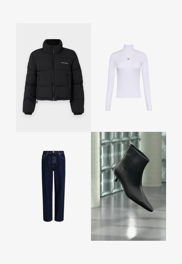 Sort cropped puffer-jakke med høj krave, lynlås foran, sydde paneler og "GUESS JEANS" logo broderet på venstre bryst.; Hvid langærmet rullekravetrøje med en lille Calvin Klein logo lap placeret centralt på brystet.; Mørkeblå denim jeans med lige ben-design, der har høj talje, fem-lomme-stil og kontrastsyninger. Ingen dekorationer.; Sort læderankelstøvle med spids tå og lav kitten-hæ, vist vinklet mod en poleret gulv- og glasblokvæg.