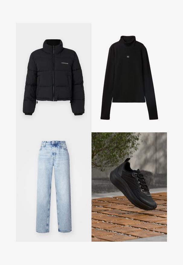 Sort cropped puffer-jakke med høj krave, lynlås foran, sydde paneler og "GUESS JEANS" logo broderet på venstre bryst.; Sort ribstrikket bluse med lange ærmer og lille firkantet Calvin Klein-logo placeret centralt på brystet.; Lyseblå højtaljede jeans med løs pasform, der har lige ben, fem lommer og en klassisk knap- og lynlåslukning.; Sort atletiksko med tyk sål og snørebånd, svævende over trægulvflise, sløret udendørs baggrund med grønt løv og væg.