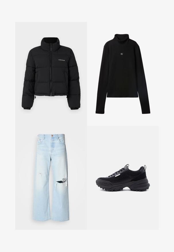 Zwarte cropped pufferjack met hoge kraag, rits aan de voorkant, gestikte panelen en het 'GUESS JEANS'-logo geborduurd op de linkerkant van de borst.; Zwarte geribde coltrui met lange mouwen en een klein vierkant Calvin Klein-logo midden op de borst.; Lichtblauwe wijde jeans van denim, met een hoge taille, grote scheuren bij de knieën en een klassieke vijf-pocket stijl met koperen details.; Zwarte sportschoen met een bovenwerk van mesh, dikke zool, veters en een klein Calvin Klein-logo op de zijkant en bij de tenen.