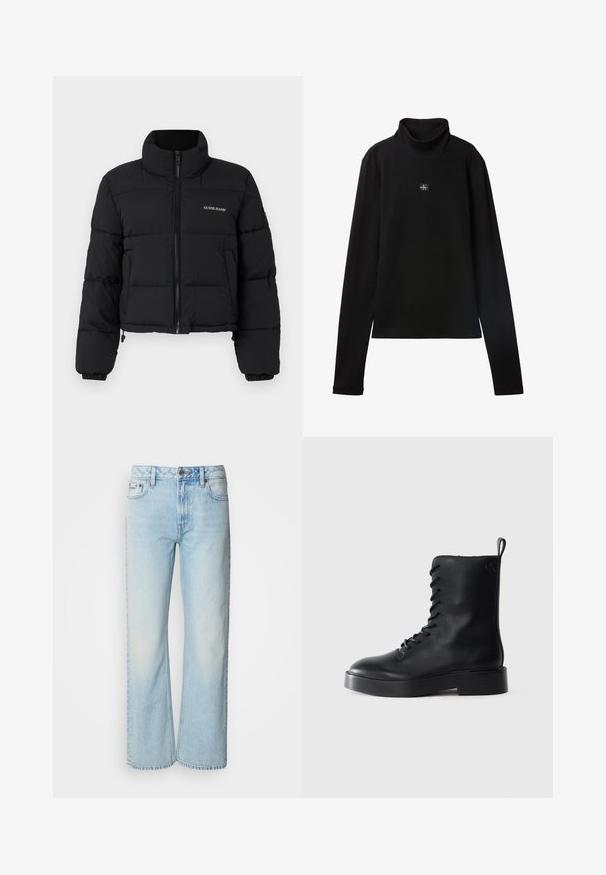 Veste doudoune noire courte avec un col haut, fermeture éclair sur le devant, panneaux cousus, et logo "GUESS JEANS" brodé sur la poitrine gauche.; Haut noir à col roulé côtelé à manches longues avec petit patch carré du logo Calvin Klein centré sur la poitrine.; Jeans à jambes larges bleu clair en denim, présentant un design classique à cinq poches et une texture légèrement décolorée. La couture en denim est visible.; Botte en cuir noir mi-mollet à lacets avec une semelle épaisse et une languette, ornée d'un subtil logo "CK" près du talon supérieur.