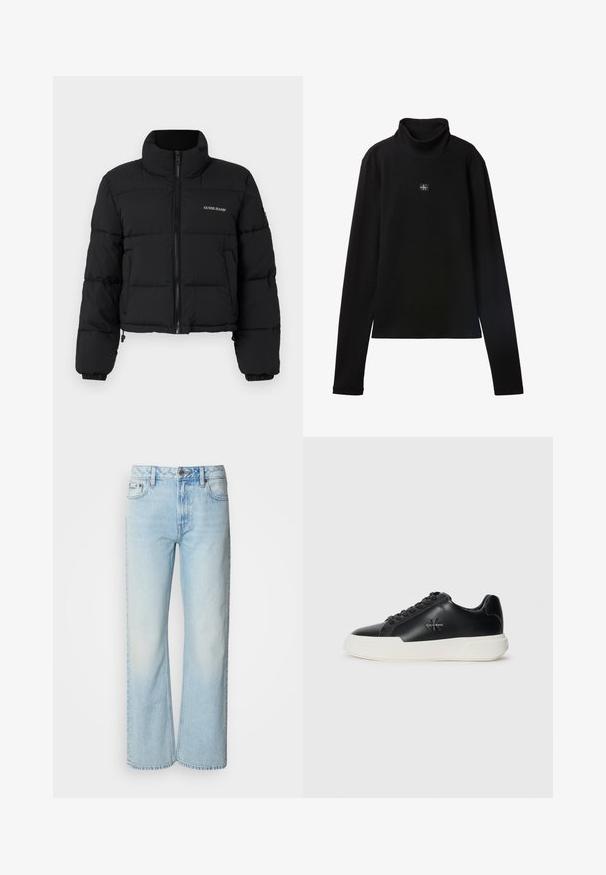 Sort cropped puffer-jakke med høj krave, lynlås foran, sydde paneler og "GUESS JEANS" logo broderet på venstre bryst.; Sort ribstrikket bluse med lange ærmer og lille firkantet Calvin Klein-logo placeret centralt på brystet.; Lyseblå brede jeans lavet af denim med et klassisk fem-lomme design og en subtil falmet tekstur. Denim-syninger er synlige.; Sorte lædersneakers med hvide gummisåler, prydet med en rundt tå, frontlacing og logo detaljer på siden til branding.