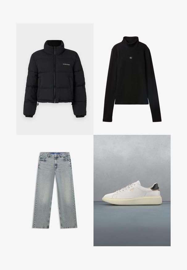 Schwarze, cropped Pufferjacke mit hohem Kragen, Reißverschlussfront, gesteppten Paneelen und dem auf die linke Brust gestickten "GUESS JEANS"-Logo.; Schwarzes, geripptes Langarm-Top mit Rollkragen und kleinem quadratischem Calvin Klein Logo-Patch zentral auf der Brust.; Hellblaue Jeans mit weitem Bein aus Denim, mit ausgewaschenen Stellen, fünf Taschen und einem blauen, gebrandeten Taillenbund.; Weiße Sneaker mit einem Obermaterial aus glattem Leder, ausgestattet mit einer tanfarbenen und schwarzen Lederfersenkappe, runden Schnürsenkeln und einer massiven beige Gummisohle. Goldene Logo-Details.