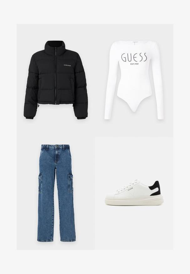 Mustvalge lühikeste varrukatega puhvjak metod, millel on kõrge krae, tõmblukk ees, õmblustatud paneelid ja "GUESS JEANS" logo tikandina vasakul rinnal.; Valge pika varrukaga bodi ümarate kraega. Ees on musta värviga prinditud "GUESS" logo ja "EST.1981". Sile tekstuur.; Sinine denimist cargo püksid lõdva istumisega, millel on kaks küljetaskut, tugevdatud õmblused ja sirge jala disain.; Valged nahast tennisetossud paksu valge tallaga, musta sametist kontsakeeuga ja külje peal riigilogo reljeefne kujundus. Lukkeskeem kuue silmaauguga.
