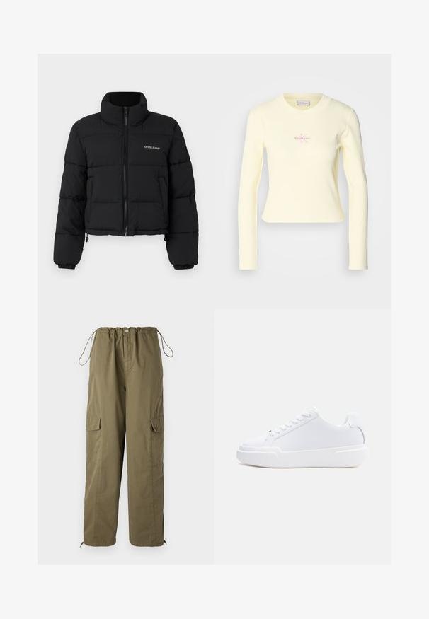 Čierna skrátená puffer bunda s vysokým golierom, zipsom vpredu, prešitými panelmi a vyšitým logom "GUESS JEANS" na ľavej hrudi.; Dlhé rukávy, žltý rebrovaný top s okrúhlym výstrihom a ružovým logom "Calvin Klein" v strede. Mäkká látka s priliehavým strihom.; Olivové cargo nohavice s elastickým pásom, šnúrkou a vreckami na oboch stranách; vyrobené z ľahkej, texturovanej tkaniny.; Biely nízky topánok s viazaním na šnúrky, hrubou podrážkou a hladkým zvrškom, zobrazený z vonkajšej strany na jednoduchom svetlom pozadí.