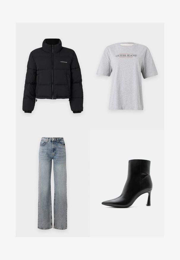 Sort cropped puffer-jakke med høj krave, lynlås foran, sydde paneler og "GUESS JEANS" logo broderet på venstre bryst.; Grå kortærmet T-shirt med teksten "American Tradition GUESS JEANS® ORIGINAL DESIGNS" i sort og rød skrift.; Lyseblå denimjeans med høj talje, vidde ben, falmet finish og diskret slidte detaljer. Klassisk fem-lomme stil.; Sort læderankelstøvle med spids tå og slank, høj stilet hæl, vist i sideprofil på hvid baggrund.