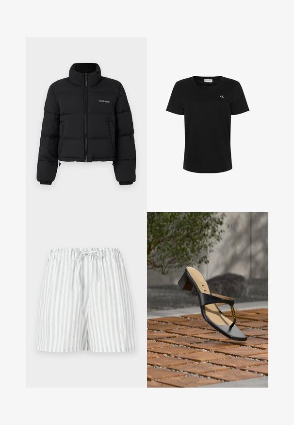 Sort cropped puffer-jakke med høj krave, lynlås foran, sydde paneler og "GUESS JEANS" logo broderet på venstre bryst.; Sort bomulds-T-shirt med V-hals, korte ærmer og et lille hvidt "ck"-logo på venstre bryst. Glat tekstur og klassisk pasform.; Linned shorts i et lys gråt og hvidt lodret stribet mønster; har en elastisk talje med en snøre til justering.; Sort hælsandal med tå-loop og gyldent accent, placeret på en træ- og stenbelagt overflade udendørs nær grønne områder.