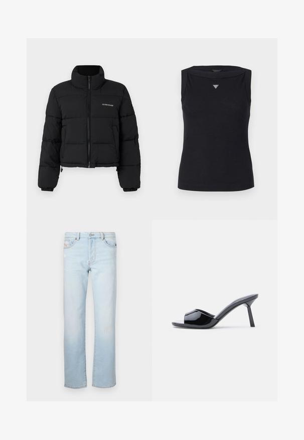 Sort cropped puffer-jakke med høj krave, lynlås foran, sydde paneler og "GUESS JEANS" logo broderet på venstre bryst.; Sort ærmeløs top lavet af bomuld, med bådudskæring og et lille krystal trekantlogo på brystet. Glat tekstur.; Lyseblå denimjeans med lige pasform, der har let slid, fem lommer og knaplukning.; Sorte laklæder sandaletter med åben tå, der har et buet overdesign og en spids stilethæl. Glat, blank finish.