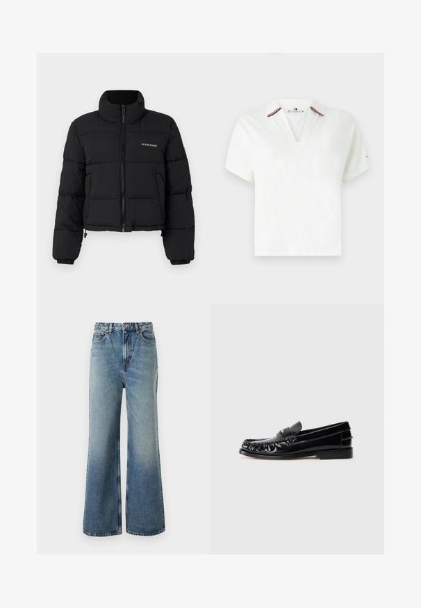 Veste doudoune noire courte avec un col haut, fermeture éclair sur le devant, panneaux cousus, et logo "GUESS JEANS" brodé sur la poitrine gauche.; T-shirt polo blanc avec un col en V et des manches courtes. Détails notables : un col à rayures rouges et bleues et un logo de marque sur la manche.; Jean en denim bleu clair avec taille haute, coupe ample, léger délavage et coutures contrastantes ; présente des poches avant et une fermeture à bouton.; Mocassins en cuir noir avec un bout arrondi, des coutures décoratives et un petit accent doré sur le dessus. Semelle en caoutchouc plate, design épuré.