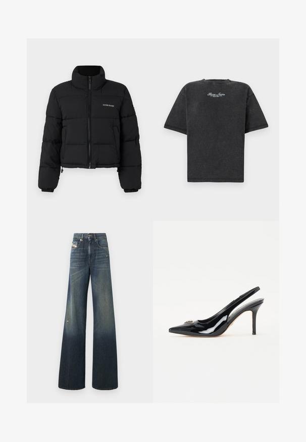 Zwarte cropped pufferjack met hoge kraag, rits aan de voorkant, gestikte panelen en het 'GUESS JEANS'-logo geborduurd op de linkerkant van de borst.; Guess Jeans SCRIPT TEE - T-shirt print - jet black; Wijde spijkerbroeken in donkerblauw met een vervaagde afwerking, voorzien van een versleten knie en een klassiek ontwerp met vijf zakken en een label.; Zwarte gepatineerde leren slingback pumps met een spitse neus, slanke stilettohak en decoratieve versiering op de voorkant.
