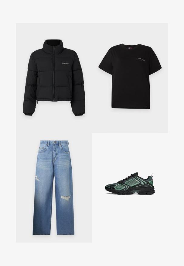 Sort cropped puffer-jakke med høj krave, lynlås foran, sydde paneler og "GUESS JEANS" logo broderet på venstre bryst.; Sort kortærmet t-shirt lavet af bomuld med rund hals og et lille hvidt logo på venstre brystområde. Enkel, afslappet pasform.; Lyseblå denim bukser med vid ben og slidte detaljer. Har høj talje, fremtrædende syninger og to forlommer.; Sorte og mintgrønne træningssko med mesh-overdel, polstret krave, struktureret sål og kantede designelementer. Snørebånd og hælift inkluderet.