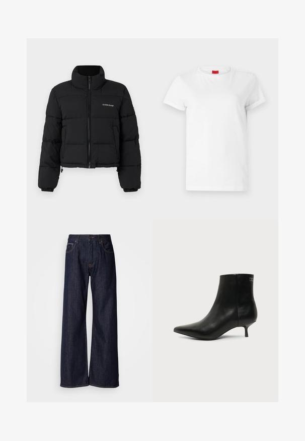 Veste doudoune noire courte avec un col haut, fermeture éclair sur le devant, panneaux cousus, et logo "GUESS JEANS" brodé sur la poitrine gauche.; T-shirt blanc à manches courtes en coton léger. Présente un col rond et des manches retroussées. Étiquette logo rouge sur le col.; Jean en denim noir à jambes larges et taille haute, avec poches avant et détails de couture subtils. Texture lisse avec une coupe classique.; Bottine en cuir noir avec bout pointu et petit talon kitten sur fond clair, vue côté extérieur.