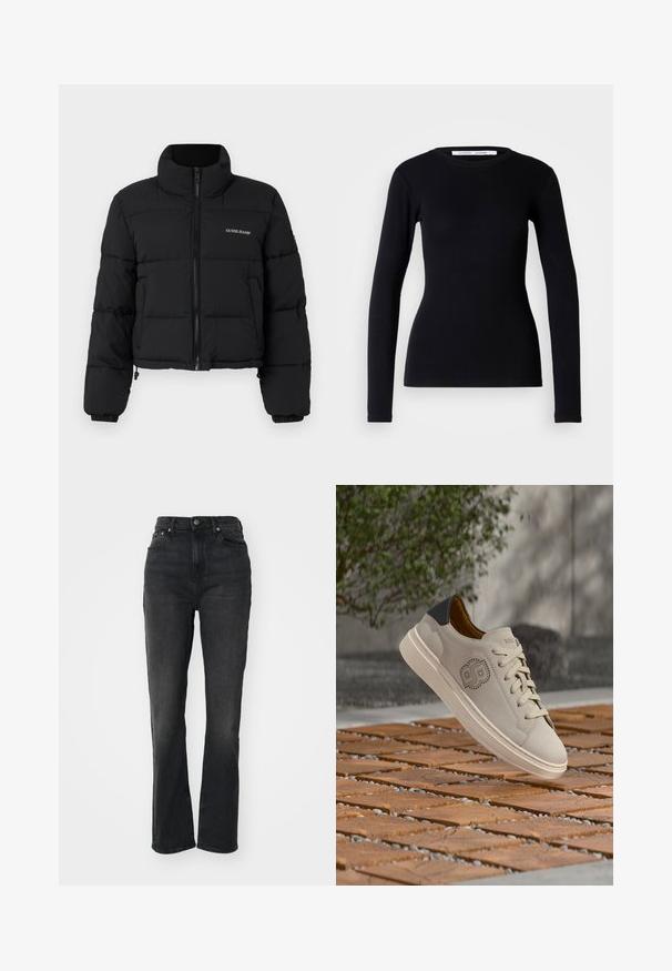 Zwarte cropped pufferjack met hoge kraag, rits aan de voorkant, gestikte panelen en het 'GUESS JEANS'-logo geborduurd op de linkerkant van de borst.; Zwarte lange mouwen top van ribstof. Heeft een ronde halslijn en een getailleerde pasvorm. Geen patronen of versieringen. Eenvoudig ontwerp.; Hoge zwarte denim jeans met rechte pijpen, vijf-pocket ontwerp, sluiting met een knoop aan de voorkant en minimale stikseldetails.; Beige suède sneaker met zwarte hakriem, beige veters en geperforeerd logo aan de zijkant, zwevend in de lucht boven houten tegels buiten.