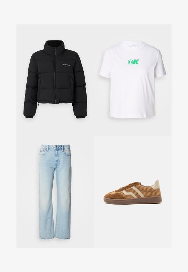 Čierna skrátená puffer bunda s vysokým golierom, zipsom vpredu, prešitými panelmi a vyšitým logom "GUESS JEANS" na ľavej hrudi.; Biely bavlnený tričko s okrúhlym výstrihom a krátkymi rukávmi, s nápisom zeleného loga Calvin Klein na prednej strane. Klasický, rovný strih.; Svetlomodré široké džínsy vyrobené z denimu, s klasickým päť-pocket dizajnom a jemnou vyblednutou textúrou. Švy z denimu sú viditeľné.; Hnedá semišová a manšestrová teniska s béžovými vlnitými pruhmi, šnúrkami a gumovou podrážkou na bielom pozadí, bočný pohľad.