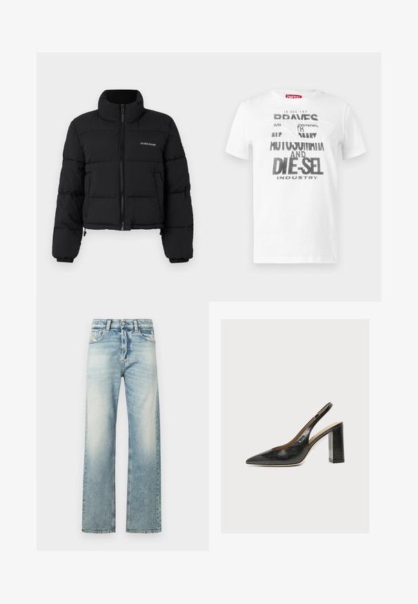 Čierna skrátená puffer bunda s vysokým golierom, zipsom vpredu, prešitými panelmi a vyšitým logom "GUESS JEANS" na ľavej hrudi.; Biele bavlnené tričko s čiernym výrazným textom obsahujúcim frázy „DIE-SEL“ a „AUTOMAT“. Dizajn s okrúhlym výstrihom a krátkymi rukávmi. Hladká textúra.; Svetlomodré široké džínsy vyrobené z denimu. Obsahujú bledú umývaciu úpravu, štandardný dizajn s piatimi vreckami a gombíkový zips vpredu.; Čierna kožená dámska slingback obuv s špicatou špičkou a hrubým vysokým blokovým podpätkom na bielom pozadí.