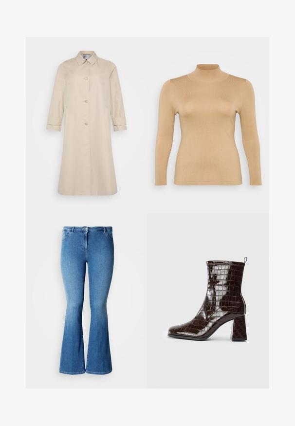 Beige trenchcoat met een recht model, knoopsluitingen en een kraag. Voorzien van zijzakken en omgeslagen mouwen. Glad textuur.; Beige coltrui met lange mouwen, geribbelde textuur, aansluitend ontwerp en een hoge kraag. Glad materiaal zonder zichtbare versieringen.; Blauwe denim jeans met hoge taille en uitlopende pijpen, voorste knoop, ritssluiting en voor- en achterzakken.; Donkerbruin gepatineerd leren enkelboot met krokodillenstructuur, blokhak en trekband aan de achterkant, tegen een witte achtergrond.