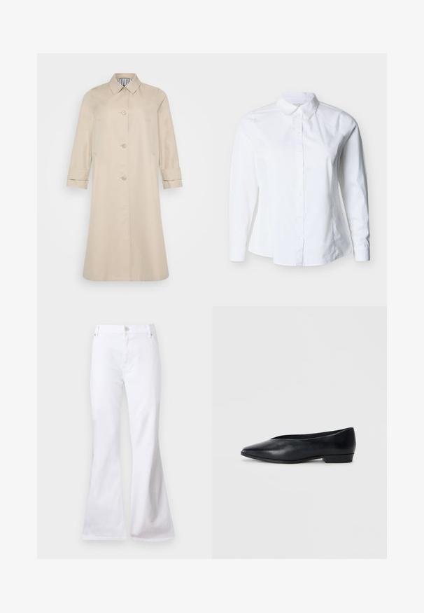 Beige trenchcoat med lige snit, knaplukninger og krave. Har sidelommer og mansjetter på ærmerne. Glat tekstur.; Hvid langærmet skjorte med knapper, spids krave og figursyet talje mod en lys baggrund.; Hvide højtaljede cowboybukser med udvidede ben, knap- og lynlåslukning, lommer foran og bagpå, vist på en ensfarvet baggrund.; Sorte læder flade sko med spids tå, let hævet hæl og glat overflade. Simpelt design uden synligt hardware eller mønstre.