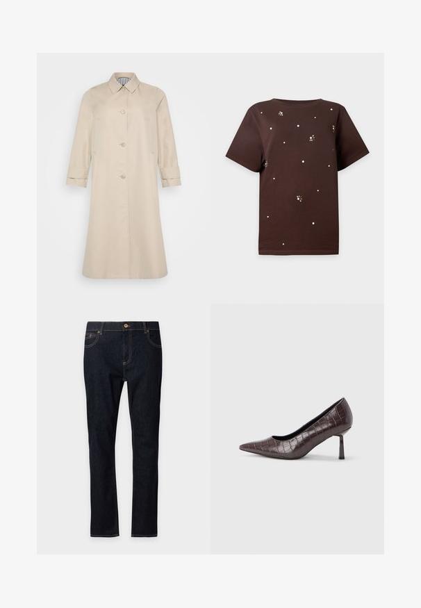 Beige trenchcoat med lige snit, knaplukninger og krave. Har sidelommer og mansjetter på ærmerne. Glat tekstur.; Brun kortærmet t-shirt med små hvide prikker og bier-lignende mønstre spredt over fronten og ærmerne.; Mørkeblå denimjeans med forlommer, knaplukning og kontrastsyning, vist fladt mod en ensfarvet baggrund.; Brune kunstlæder stiletter med spidse tæer og krokodilletekstur, der har en slank, vinklet hæl og en glat inderside.
