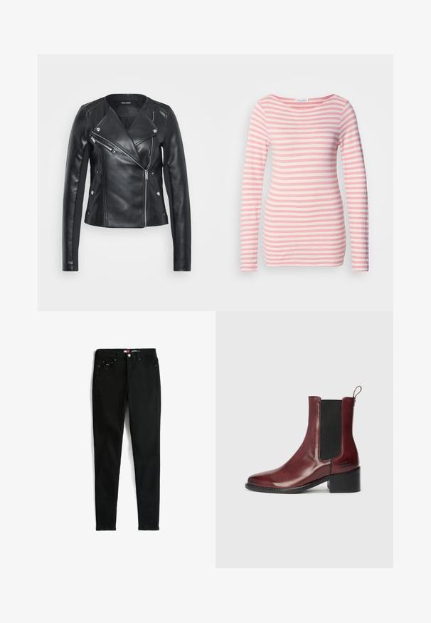 Sort læderjakke med asymmetrisk lynlås, moto-stil krave, sølv hardware detaljer og en tætsiddende pasform. Glat tekstur.; Langærmet skjorte i pink og hvide vandrette striber. Blødt bomuldsstof med bred halsudskæring og tætsiddende design. Ingen bemærkelsesværdig hardware.; Sorte slim-fit jeans med fem lommer, knaplukning og bæltestropper, lagt fladt på en hvid baggrund.; Bordeaux læder ankelstøvle med en sort elastisk sidepanel, rund tå og en lav blokhælhøj. Har syninger og en påtrækningstab.