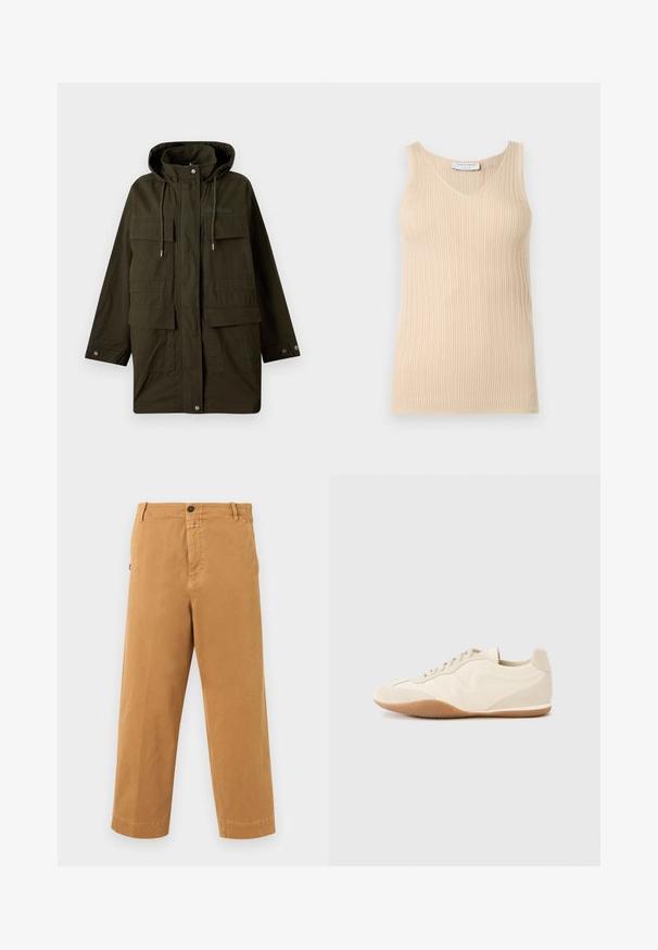 Parka vert foncé à capuche avec fermeture éclair devant, boutons-pression, cordon à la capuche et quatre grandes poches à rabat.; Haut sans manches beige en maille côtelée avec un col en V et une étiquette "Tiger of Sweden" au niveau du col sur un fond clair uni.; Pantalon décontracté marron à jambes droites avec passants pour ceinture, fermeture par bouton et poches latérales sur fond blanc.; Baskets beige clair avec une tige en cuir texturé, des panneaux latéraux texturés et une semelle en caoutchouc. Dotées d'un design fin et épuré ainsi que de lacets plats.