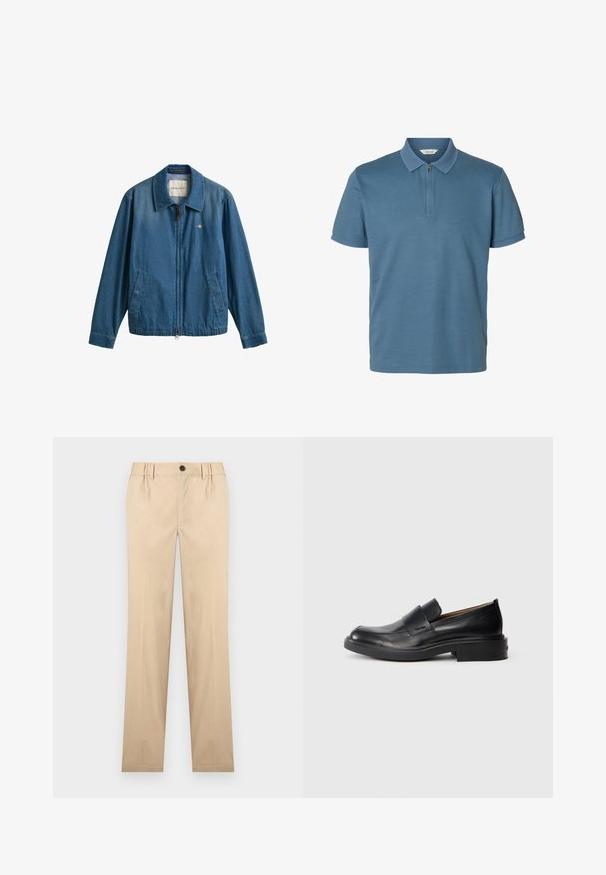 Μπλε denim μπουφάν με φερμουάρ και γιακά, δύο μπροστινές τσέπες και μικρό λογότυπο GANT στο αριστερό στήθος.; Μπλε πόλο με κοντά μανίκια, υφασμένο γιακά και μανσέτες στα μανίκια, με εμπρόσθιο ημικλείδωμα με φερμουάρ.; Μπεζ παντελόνια με ίσια γραμμή, εμπρόσθιο κουμπί, θηλιές για ζώνη και πλαϊνές τσέπες.; Μαύρο δερμάτινο παπούτσι με χαμηλό τακούνι και διακριτικό λογότυπο Calvin Klein στο πλάι, παρουσιασμένο σε προφίλ σε λευκό φόντο.