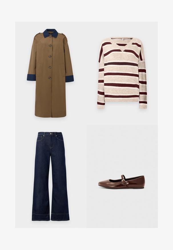 Lang brun trenchcoat med marineblå krave og manchetter, fem knapper foran, to sidelommer og skulderklapper.; V-hals sweater i beige med mørkerøde og cremefarvede striber. Har lange ærmer og ribkant. Blød tekstur og afslappet pasform.; Mørkeblå brede jeans lavet af denim. Har en knaplukning, stikninger og sidelommer. Udfoldet nederste kant.; Brun patentlæder balletflade med firkantet tå og strop med en lille guldbuckle. Glat tekstur, lav hæl og minimalistisk design.