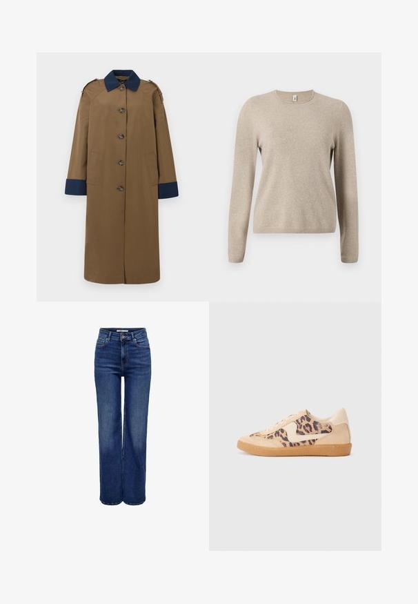 Lang brun trenchcoat med marineblå krave og manchetter, fem knapper foran, to sidelommer og skulderklapper.; Beige strikket sweater med lange ærmer, rund halsudskæring og ribbede manchetter. Blød tekstur med et subtilt meleret mønster.; Jeans med høj talje og vide ben i mørkeblå denim, med knaplukning, fem lommer og kontrastsyninger.; Leopardprint sneakers med beige ruskindsoverdel, tan gummisål og hvide detaljer. Rund pegefinger og snørebåndsdesign med en tekstureret finish.