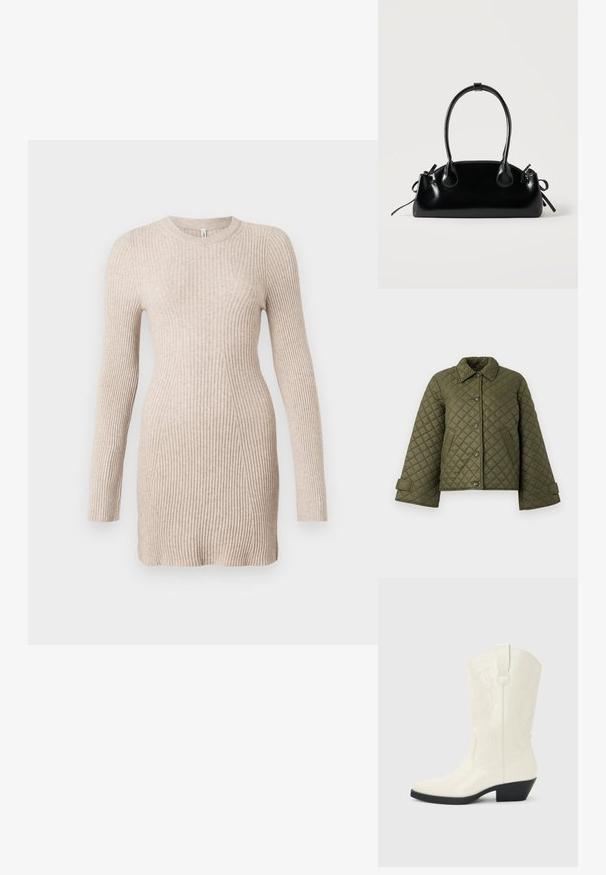 Veste matelassée olive avec un col, de grands boutons et des manches cloche. Comprend des coutures diagonales et des poches latérales.; Robe pull longue en tricot côtelé beige à manches longues, avec une taille cintrée et un col rond sur fond blanc.; Botte blanche de style western mi-mollet avec bout pointu, talon empilé noir, coutures décoratives et languette de tirage sur la tige.; Petit sac à main noir brillant avec deux longues anses et des détails à cordon sur les côtés sur un fond clair uni.