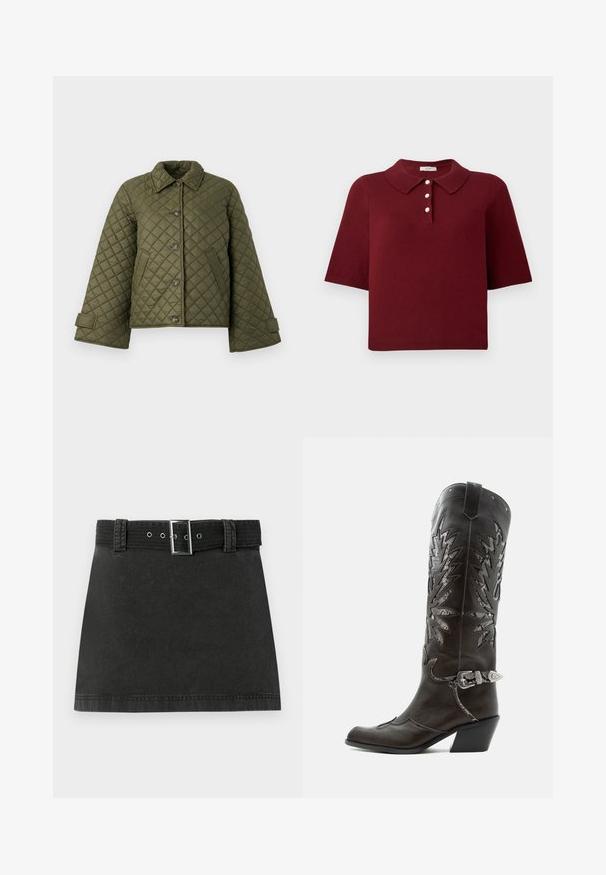 Veste matelassée olive avec un col, de grands boutons et des manches cloche. Comprend des coutures diagonales et des poches latérales.; Polo en maille bourgogne avec manches courtes, col classique et patte de boutonnage à quatre boutons ronds blancs.; Jupe mini en denim noir avec une ceinture assortie présentant une boucle métallique et des passants de ceinture, affichée à plat sur un fond blanc.; Botte de cowboy en cuir noir avec découpes décoratives, boucle argentée et talon incliné, présentée sur fond blanc.