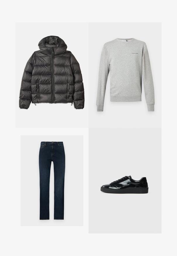 Veste en duvet noire avec capuche, dotée d'une fermeture éclair à l'avant, de deux poches latérales et d'une texture matelassée. Fabriquée en matériau léger et isolant.; Sweatshirt gris clair à manches longues avec col ras du cou, poignets et ourlet côtelés, et petit texte "Tiger of Sweden" sur le côté gauche de la poitrine.; Jean en denim bleu foncé coupe droite avec fermeture à boutons et fermeture éclair à l'avant, passants pour ceinture et poches avant sur un fond uni.; Baskets en cuir verni noir avec un bout arrondi, un laçage, une semelle en caoutchouc texturé et une finition lisse.