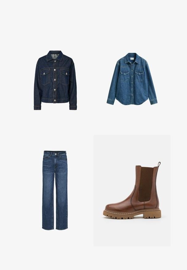 Donkerblauwe denim jas met een gekraagde kraag, een sluiting met knopen aan de voorkant, twee borstzakken en lange mouwen met button-up manchetten.; Blauw spijkeroverhemd met lange mouwen, kraag, drukknoopsluiting aan de voorkant en twee borstzakken met klep, weergegeven tegen een effen witte achtergrond.; VILA JAF HW- NOOS - Straight leg jeans - m blue denim; Bruine leren enkelboot met elastische panelen en een trekomed. Kenmerkt zich door een robuuste rubberen zool en zichtbare stiksels langs de randen.
