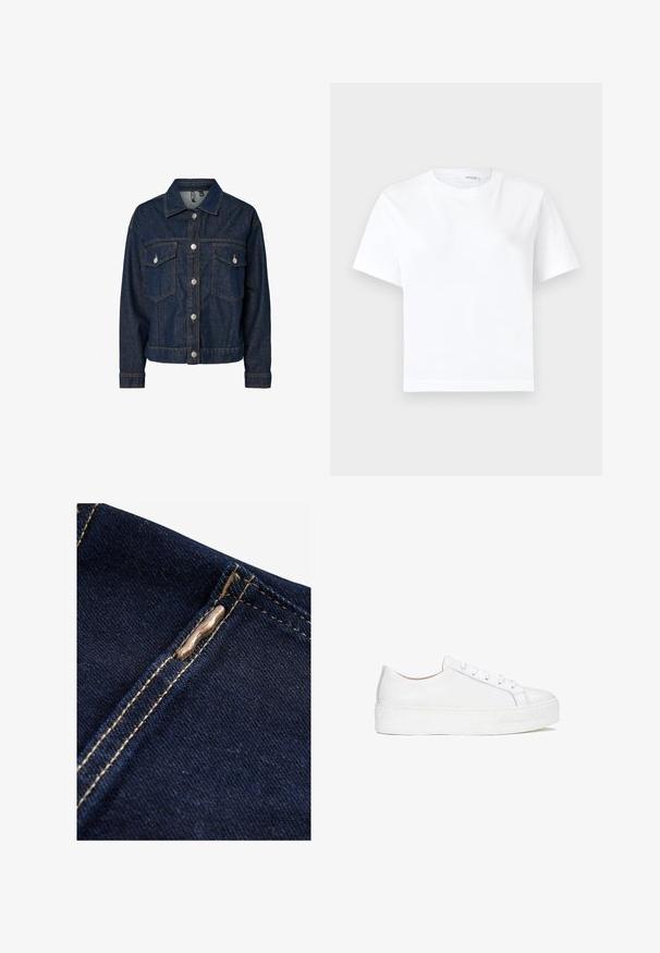 Donkerblauwe denim jas met een gekraagde kraag, een sluiting met knopen aan de voorkant, twee borstzakken en lange mouwen met button-up manchetten.; Effen witte katoenen T-shirt met korte mouwen, ronde hals en rechte zoom, getoond op een witte achtergrond.; Next REGULAR FIT - WIDE LEG - Flared Jeans - rinse blue; Witte leren sneaker met een glad oppervlak, ronde neus en platte zool. Voorzien van vetersluiting en subtiele stiksels.