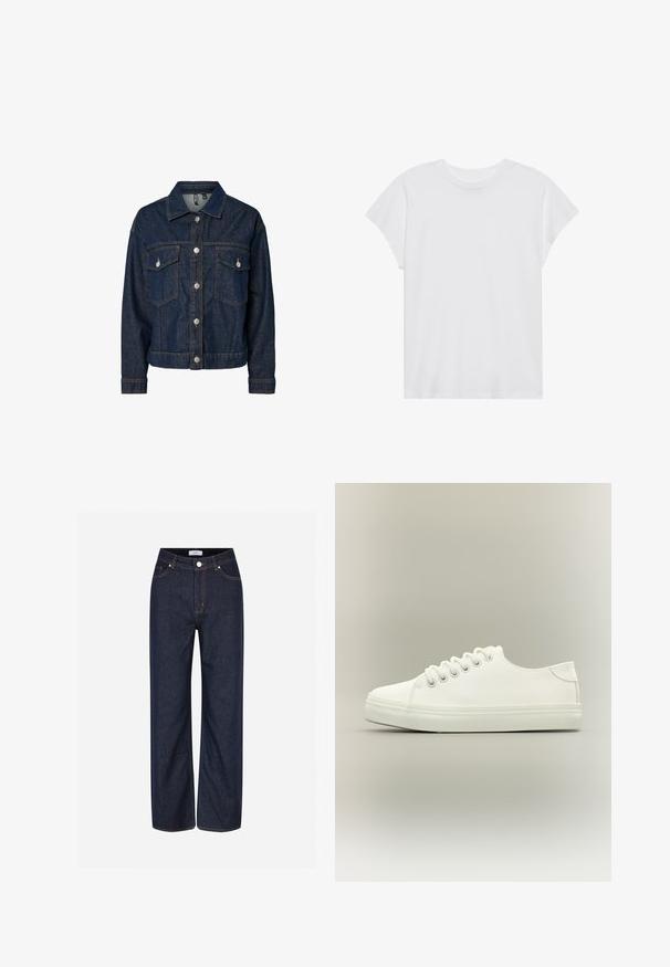Chaqueta de denim azul oscuro con cuello tipo solapa, cierre frontal con botones, dos bolsillos en el pecho y mangas largas con puños abotonados.; Camiseta blanca de manga corta con cuello redondo, corte relajado, hecha de suave tela de algodón. Textura lisa, sin estampados ni logotipos.; Jeans de pierna ancha color azul oscuro hechos de denim, con grandes bolsillos, costura naranja en contraste y un cierre de botón en la cintura.; Zapatilla blanca baja con cordones blancos y suela de goma mostrada desde vista lateral sobre un fondo neutro.