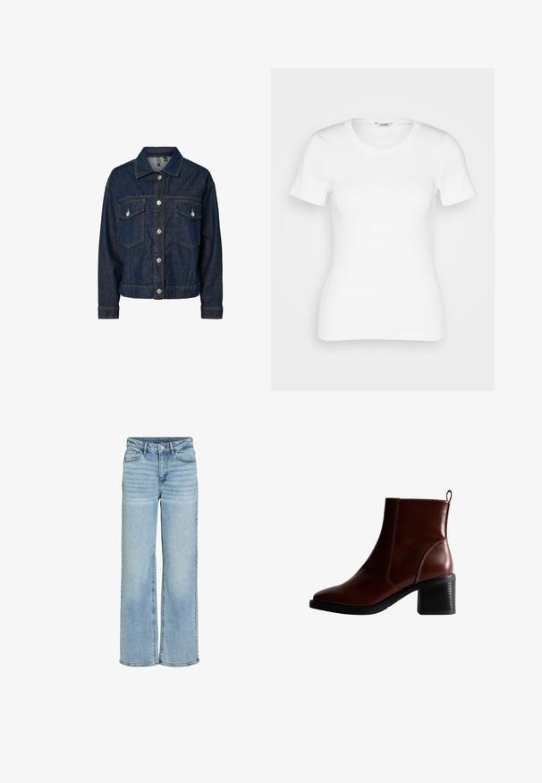 Donkerblauwe denim jas met een gekraagde kraag, een sluiting met knopen aan de voorkant, twee borstzakken en lange mouwen met button-up manchetten.; Witte katoenen T-shirt met korte mouwen, ronde halslijn en ribbelstructuur. Strakke pasvorm met een gladde, schone afwerking.; Lichtblauwe jeans met hoge taille en brede pijpen, met voorste knoop, rits en ontwerp met vijf zakken, weergegeven op een witte achtergrond.; Bruin lederen enkellaars met een vierkante neus en zijnaad, een gestapelde hak van 7,5 cm en een lus aan de achterkant voor gemakkelijk aan- en uittrekken.