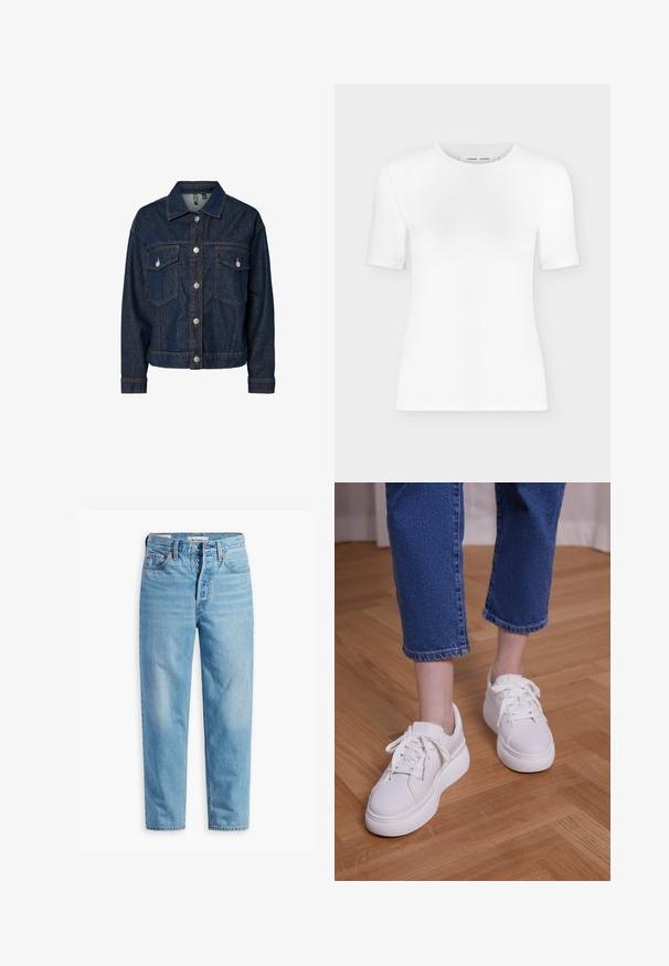 Chaqueta de denim azul oscuro con cuello tipo solapa, cierre frontal con botones, dos bolsillos en el pecho y mangas largas con puños abotonados.; Camiseta blanca de manga corta con cuello redondo, ajuste slim y textura de tejido acanalado, mostrada sobre un fondo liso gris claro.; Vaqueros vaqueros de tiro alto azul claro con pierna recta, cierre de botones y diseño de cinco bolsillos, mostrados planos sobre un fondo blanco.; Piernas con vaqueros azules recortados y zapatillas blancas con cordones y plataforma, de pie sobre un suelo de madera clara.