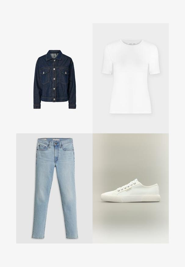 Veste en denim bleu foncé avec un col, fermeture à boutons sur le devant, deux poches poitrine et manches longues avec poignets à boutons.; T-shirt blanc à manches courtes avec col rond, coupe slim et texture de tissu côtelé, présenté sur un fond uni gris clair.; Jean en denim bleu clair avec une coupe droite, style à cinq poches, et une légère décoloration au niveau des cuisses. Comprend des accessoires en métal et des coutures.; Baskets basses blanches en toile avec semelle en caoutchouc texturée, lacets blancs et petite étiquette Calvin Klein sur le côté.