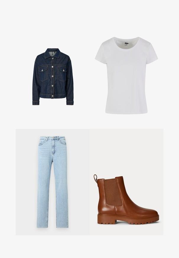 Chaqueta de denim azul oscuro con cuello tipo solapa, cierre frontal con botones, dos bolsillos en el pecho y mangas largas con puños abotonados.; Camiseta blanca de manga corta hecha de algodón. Presenta un escote redondeado y una forma ajustada. La etiqueta dice "URBAN CLASSICS."; Vaqueros azul claro de corte recto con bolsillos delanteros, trabillas para cinturón y cierre de botón y cremallera.; Bota Chelsea de cuero marrón con panel lateral elástico, lengüeta en el talón y suela gruesa con tacos.