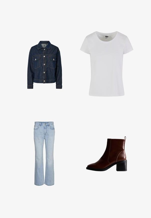 Donkerblauwe denim jas met een gekraagde kraag, een sluiting met knopen aan de voorkant, twee borstzakken en lange mouwen met button-up manchetten.; Witte, korte mouwen t-shirt gemaakt van katoen. Heeft een ronde hals en een slim-fit vorm. Etiket zegt "URBAN CLASSICS."; Lichtblauwe spijkerbroek met wijde pijpen, met een klassiek vijf-pocket ontwerp, hoge taille en een subtiele vervaging. Voorzien van een knoopsluiting en riemlussen.; Bruin lederen enkellaars met een vierkante neus en zijnaad, een gestapelde hak van 7,5 cm en een lus aan de achterkant voor gemakkelijk aan- en uittrekken.