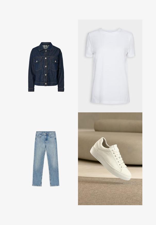 Chaqueta de denim azul oscuro con cuello tipo solapa, cierre frontal con botones, dos bolsillos en el pecho y mangas largas con puños abotonados.; Camiseta blanca lisa de manga corta con cuello redondo, ajuste regular y una pequeña etiqueta interior en el cuello que dice "SELECTED FEMME."; Jeans de denim azul claro de pierna recta con botón delantero, cremallera, presillas para cinturón y diseño de cinco bolsillos sobre fondo blanco.; Zapatilla blanca de cuero con diseño clásico, cierre de cordones, suela plana de goma y detalles texturizados. Estética limpia y minimalista.