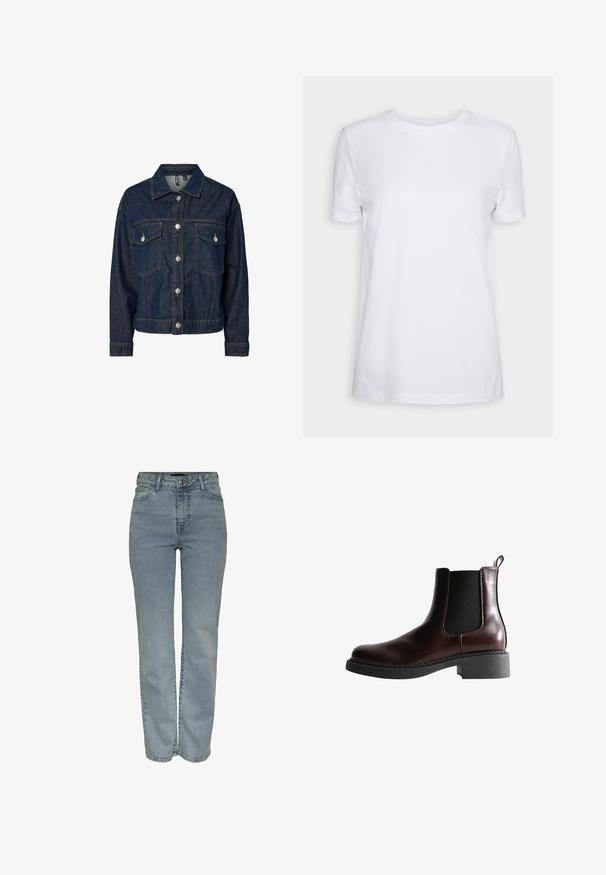 Donkerblauwe denim jas met een gekraagde kraag, een sluiting met knopen aan de voorkant, twee borstzakken en lange mouwen met button-up manchetten.; Effen wit T-shirt met korte mouwen en ronde hals, normale pasvorm en een klein label aan de binnenkant van de hals met de tekst "SELECTED FEMME."; Lichtblauwe hoge taille straight-leg jeans met een sluiting met knoop en rits aan de voorkant, vijf zakken en riemlussen.; Bruine leren enkelboot met elastische zijpanelen, ronde neus en een gestructureerde zwarte rubberen zool. Heeft contrasterende stiksels en een lusje aan de achterkant.