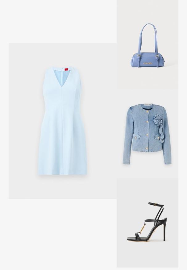 Lichtblauwe denimjack met een ronde halslijn, gouden knoopsluiting, opgestikte zakken en een decoratieve stoffen bloem aan de linkervoorzijde.; Mouwloze lichtblauwe jurk met V-hals en ritssluiting aan de achterkant, knie-lengte, getailleerde taille, gladde stof, zonder patronen of versieringen.; Zwarte hoge hak sandaal met dunne bandjes, gouden hardware details, open teen ontwerp en een glad leren textuur. Heeft een slanke naaldhakken.; Lichtblauwe rechthoekige handtas met twee lange hengsels, gouden gespen, een bovenrits en het "LOVE MOSCHINO"-logo in gouden letters aan de voorkant.