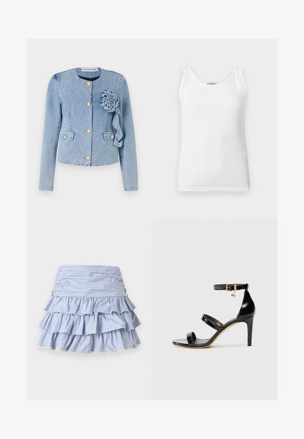 Lichtblauwe denimjack met een ronde halslijn, gouden knoopsluiting, opgestikte zakken en een decoratieve stoffen bloem aan de linkervoorzijde.; Wit geribbeld mouwloos tanktop met kanten rand aan de schouderbandjes, met een ronde halslijn.; Blauw-wit gestreepte geplooide rok met ruches en een geplooide tailleband, ontworpen voor een casual of zomerse uitstraling.; Zwarte gepatineerde leren sandaal met drie banden, enkelgesp en 10 cm hoge stiletto hak. Bevat gouden hardwaredetails en een logo charm.