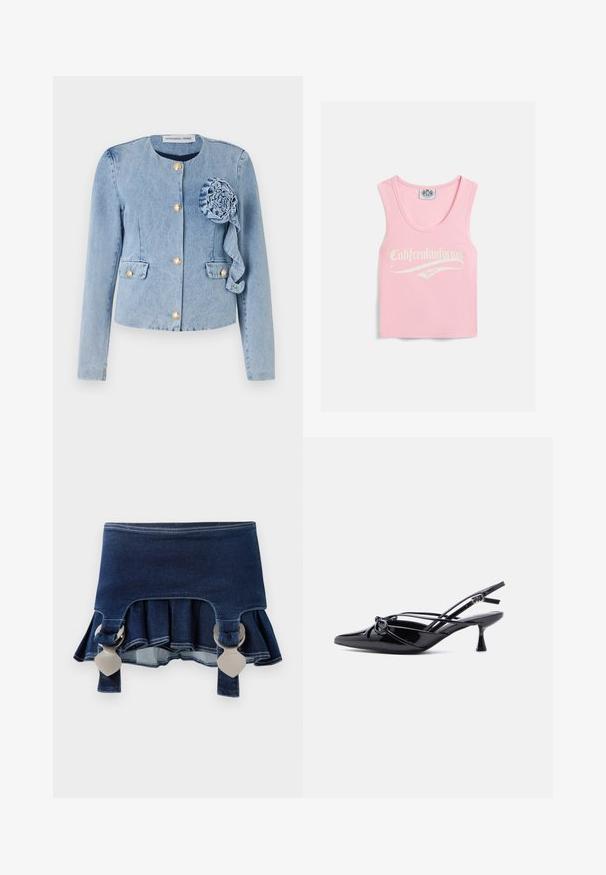 Lichtblauwe denimjack met een ronde halslijn, gouden knoopsluiting, opgestikte zakken en een decoratieve stoffen bloem aan de linkervoorzijde.; Roze geribbelde tanktop met een ronde halslijn, voorzien van witte tekst met de opdruk "Califreakinfornia Juicy" aan de voorkant.; Jeansrok met een uitlopende onderkant. Voorzien van twee verstelbare grijze sluitingen, donkerblauwe kleur en contrasterende stiksels langs de zoom.; Zwarte slingback pump van lakleer met een spits toelopende neus, lage kittenhak en decoratieve knoopstrik aan de voorkant.