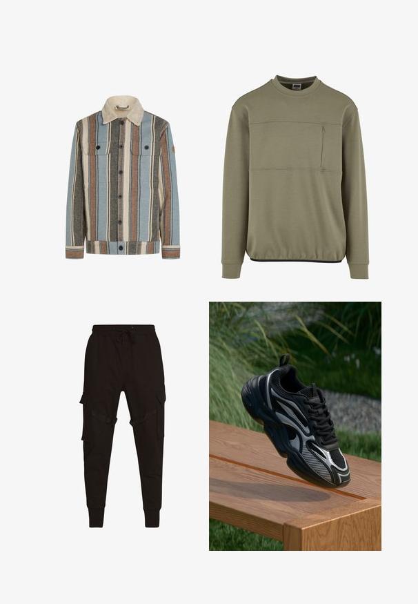 Knopfjacke mit vertikalen Streifen in Blau, Braun, Creme und Grau, ausgestattet mit einem cremefarbenen Sherpa-Kragen und zwei Brusttaschen mit Klappen.; Olivgrüner Pullover mit Rundhalsausschnitt, langen Ärmeln und einer mit Reißverschluss versehenen Brusttasche. Verfügt über einen elastischen Saum und eine Texturvariation im Stoff.; Schwarze Cargo-Hosen mit einem Kordelzugbund, seitlichen Taschen und strukturierten Akzenten an den Cargo-Taschen und Riemen. Enganliegende Bündchen an den Knöcheln.; Schwarzer und grauer Sport sneaker mit Mesh- und reflektierenden Akzenten, der auf der Kante einer Holzbank im Freien balanciert.