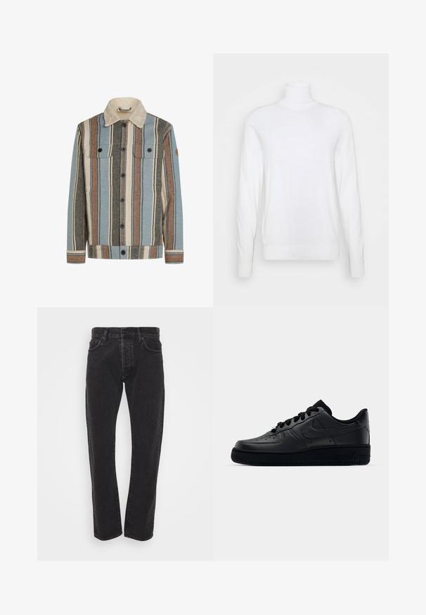 Knapblusejakke med lodrette striber i blå, brun, creme og grå, med en creme sherpa krave og to brystlommer med klap.; Hvid turtleneck sweater med lange ærmer, lavet af glat stof. Har et tætsiddende design og ribbede manchetter og kant. Ingen mønstre eller accenter.; Herre sorte lige ben denim jeans med frontknap og lynlås, fem lommer og bæltestropper på en ensfarvet hvid baggrund.; Sort Nike Air Force 1 sneaker med en glat læderoverdel, perforeret tå for åndbarhed, sorte snørebånd og en textured gummisål.