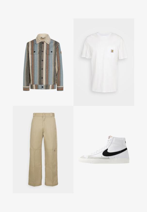 Knapblusejakke med lodrette striber i blå, brun, creme og grå, med en creme sherpa krave og to brystlommer med klap.; Hvid bomulds T-shirt med korte ærmer, en brystlomme, og et lille firkantet logo patch i orange og hvid på lommen.; Beige brede benbukser lavet af robust stof, med høj talje, synlig syning og et lille logo-patch på siden.; Hvide høje sneakers med et sort swoosh, struktureret grå tåhætte og flad hvid sål. Har seks snørrehuller og syede detaljer.