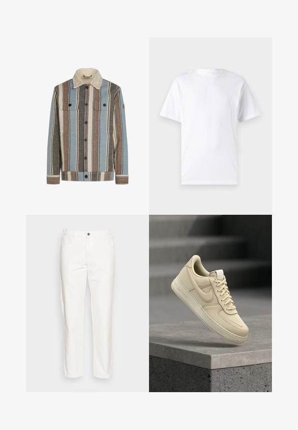 Knapblusejakke med lodrette striber i blå, brun, creme og grå, med en creme sherpa krave og to brystlommer med klap.; Hvid kortærmet t-shirt lavet af bomuld med rund hals, der har en glat tekstur og et simpelt design uden mønstre eller accenter.; Hvide bomuldsbukser med lige ben, forlommer, enkelt knaplukning og en blød tekstur.; Beige Nike Air Force 1 sneaker, der svæver over en grå betonafdækning med en sløret trapp baggrund.