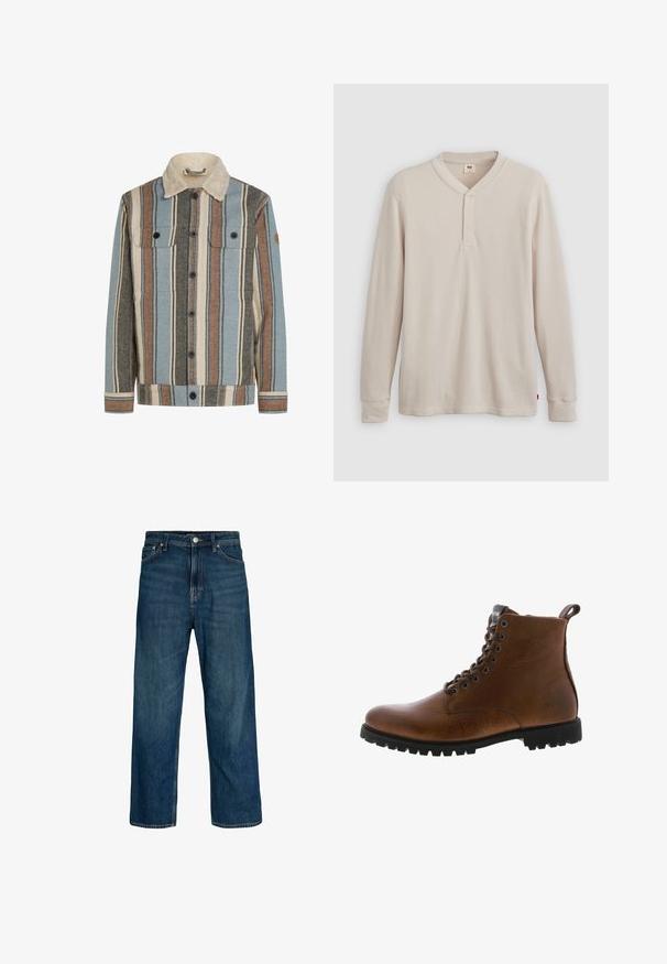 Knapblusejakke med lodrette striber i blå, brun, creme og grå, med en creme sherpa krave og to brystlommer med klap.; Langærmet henley-skjorte i lys beige ribbet stof, med V-hals, tre-knap placket og manchetter ved ærmerne. Rød logo-tags ved kanten.; Herreblå jeans med lige ben, fem lommer og knaplukning, vist på en hvid baggrund.; Brune læder ankelstøvler med tekstureret overflade, metaløjer og sort gummisål. Har en træktab bagpå for nem påtagning.