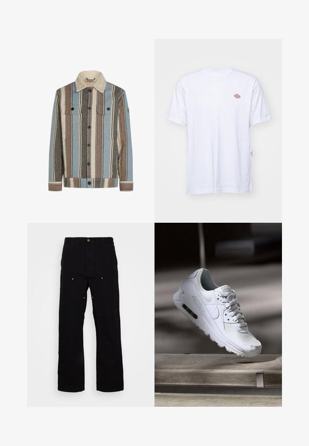 Knopenjack met verticale strepen in blauw, bruin, crème en grijs, voorzien van een crème sherpa kraag en twee borstzakken met klep.; Witte katoenen t-shirt met een v-hals en korte mouwen. Kenmerkt zich door een klein kleurrijk geborduurd logo op de linkerkant van de borst. Zachte textuur.; Zwarte denim broek met een recht-pijp ontwerp, voorzien van gouden hardware accenten en zichtbare stiksels op de voor- en achterzakken.; Witte Nike Air Max 90 sneaker met een bovenwerk van mesh en leer, een geperforeerde teenbox en een zichtbare luchtunit in de hiel.